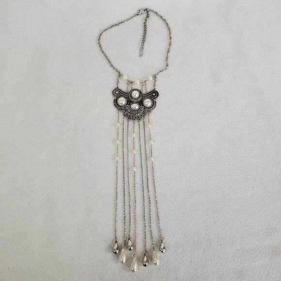 MIKA Silver Tone Waterfall Necklace with Faux Pearls and Rhinestones Adjustable - Picture 1 of 8